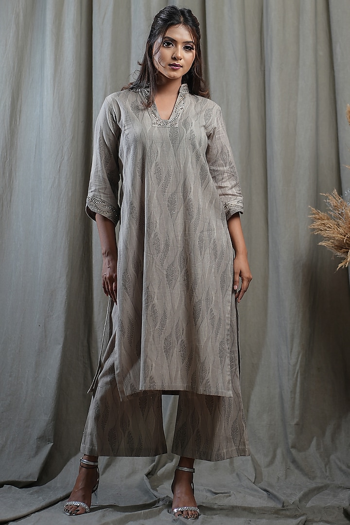 Brown Handwoven Cotton Khadi Digital Printed Kurta Set by Saniya Rao