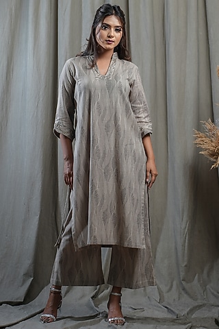Brown Handwoven Cotton Khadi Digital Printed Kurta Set by Saniya Rao