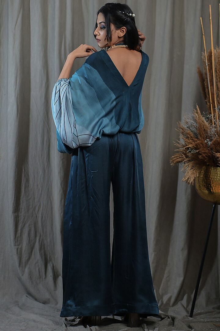 Dark Blue Modal Satin Co-Ord Set by Saniya Rao at Pernia's Pop Up Shop