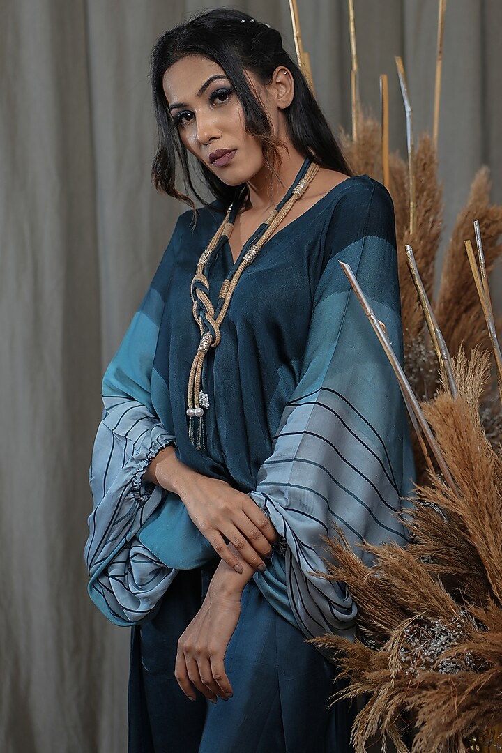 Dark Blue Modal Satin Co-Ord Set by Saniya Rao at Pernia's Pop Up Shop