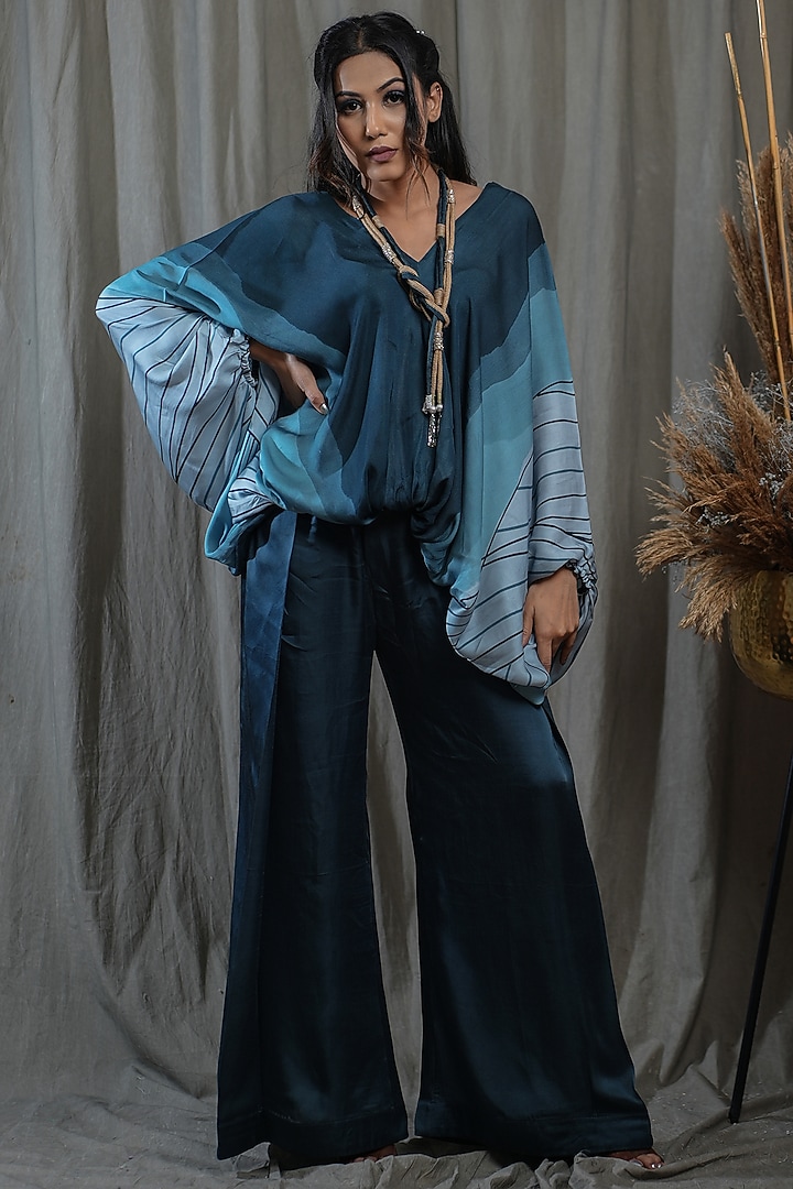 Dark Blue Modal Satin Co-Ord Set by Saniya Rao at Pernia's Pop Up Shop
