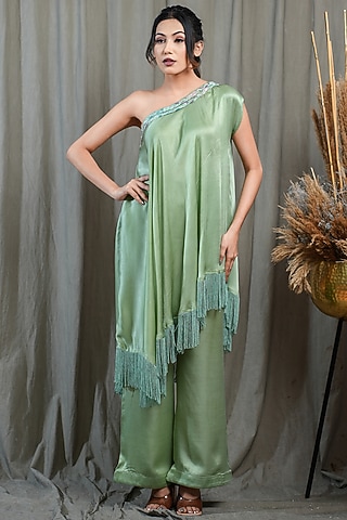 Green Modal Satin One Off- Shoulder Asymmetrical Tunic Set by Saniya Rao