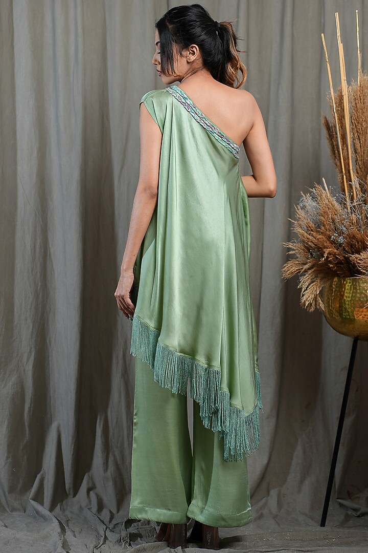 Green Modal Satin One Off- Shoulder Asymmetrical Tunic Set by Saniya Rao at Pernia's Pop Up Shop