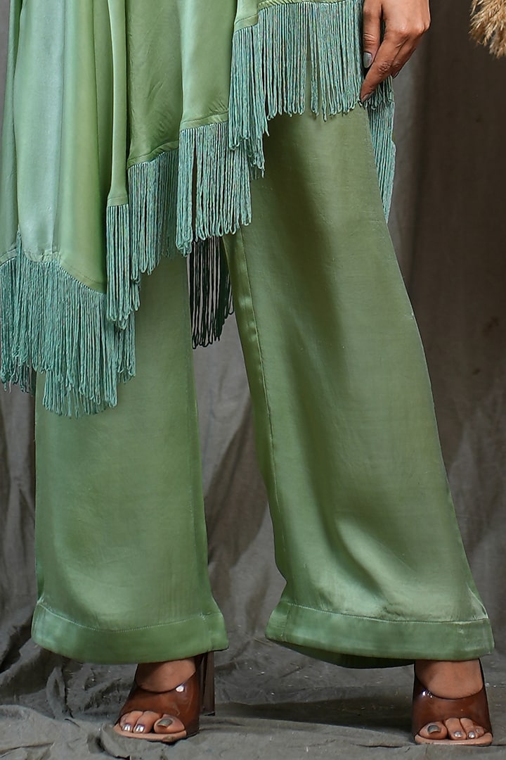 Green Modal Satin One Off- Shoulder Asymmetrical Tunic Set by Saniya Rao at Pernia's Pop Up Shop