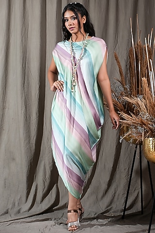 Multi-Colored Modal Satin High-Low Draped Dress With Necklace by Saniya Rao