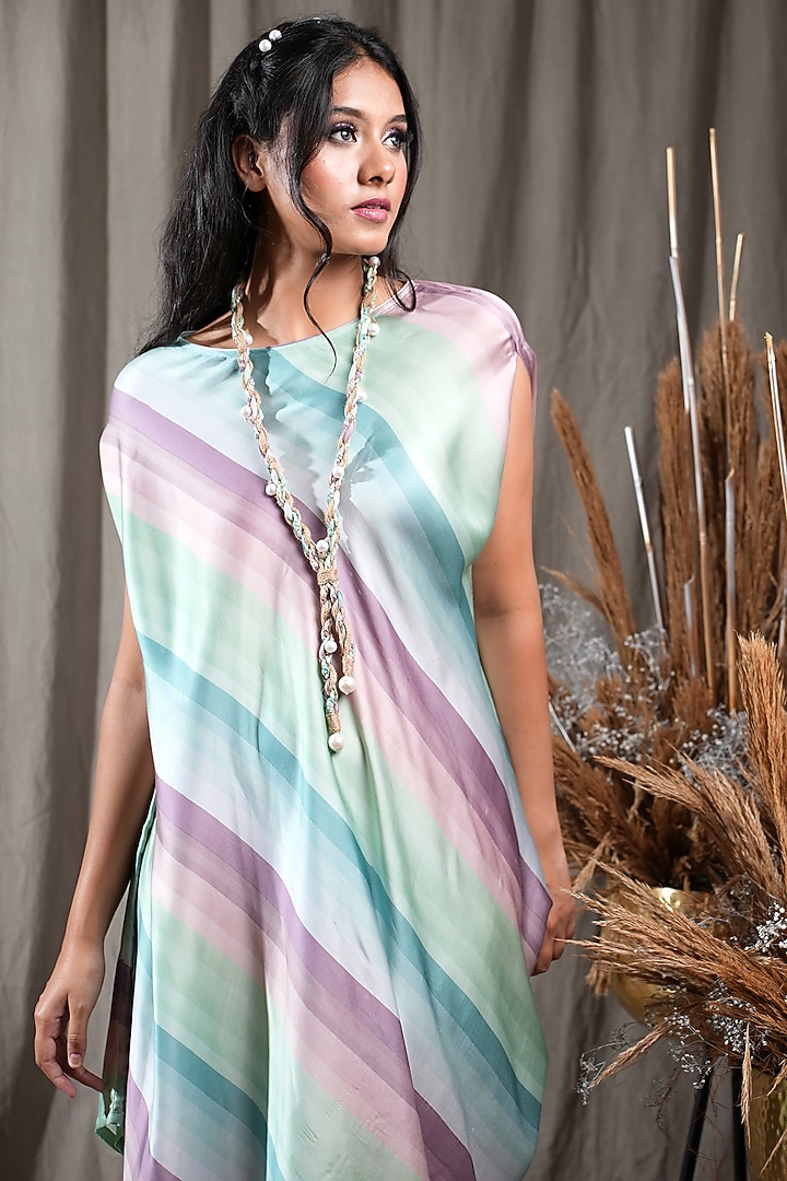 Multi-Colored Modal Satin High-Low Draped Summer Dress With Necklace by Saniya Rao at Pernia's Pop Up Shop