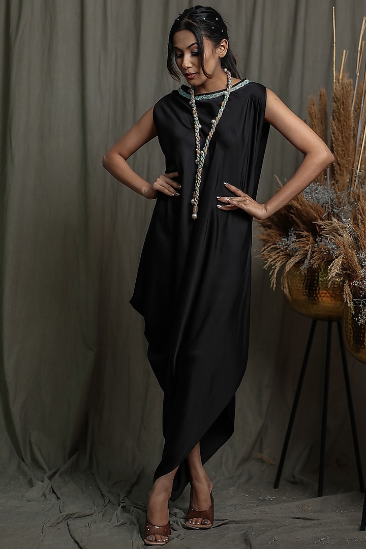 Black Modal Satin High-Low Draped Dress With Necklace by Saniya Rao