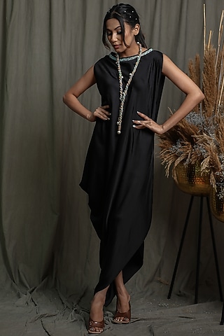 Black Modal Satin High-Low Draped Dress With Necklace by Saniya Rao