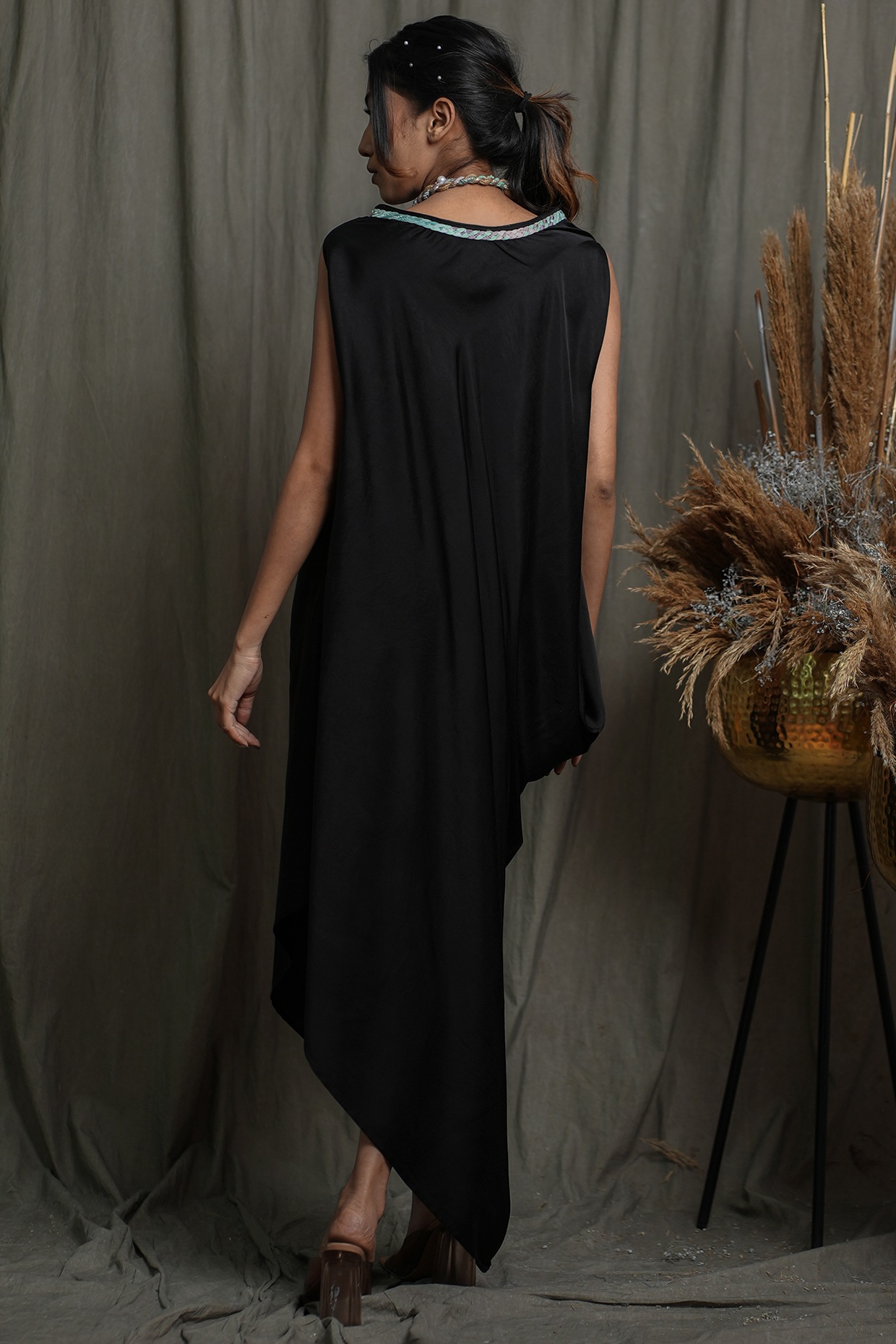 Black satin hotsell high low dress