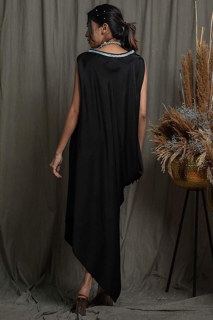 Black Modal Satin High-Low Draped Summer Dress With Necklace by Saniya Rao at Pernia's Pop Up Shop