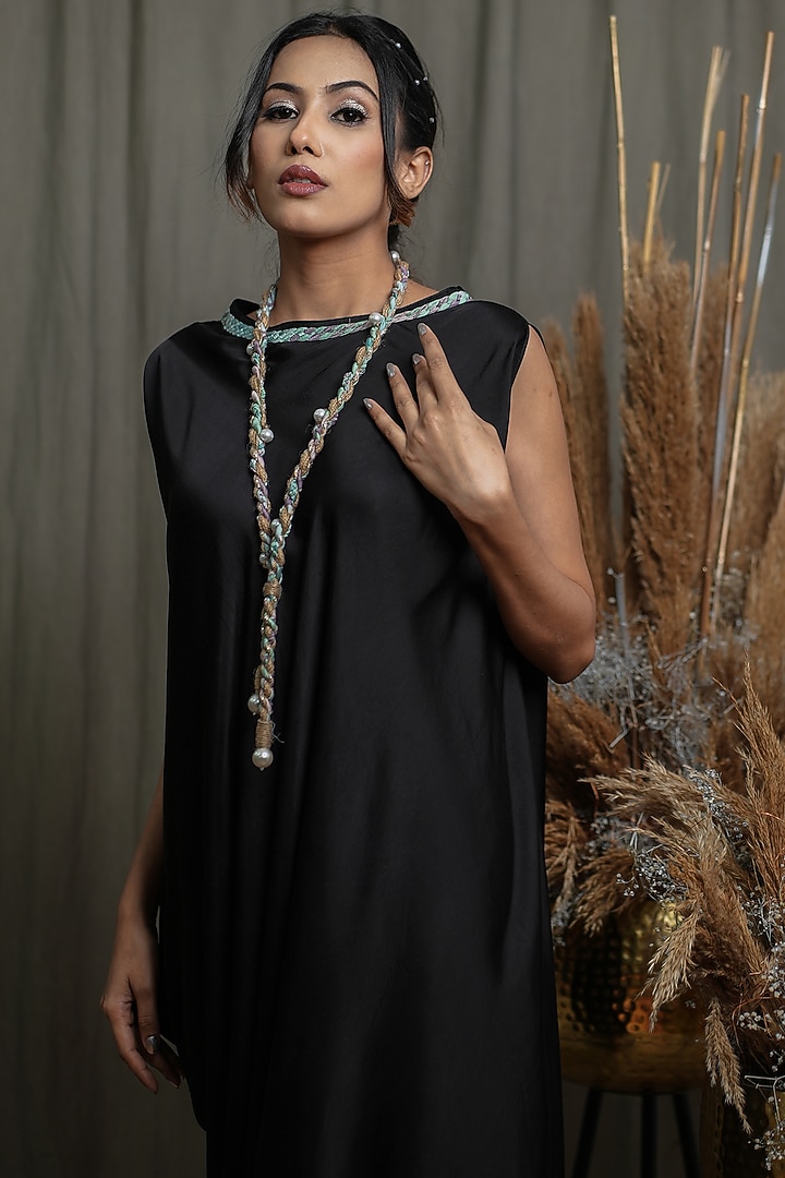 Black Modal Satin High-Low Draped Summer Dress With Necklace by Saniya Rao at Pernia's Pop Up Shop