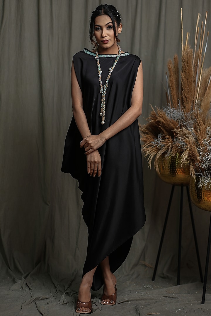 Black Modal Satin High-Low Draped Summer Dress With Necklace by Saniya Rao at Pernia's Pop Up Shop