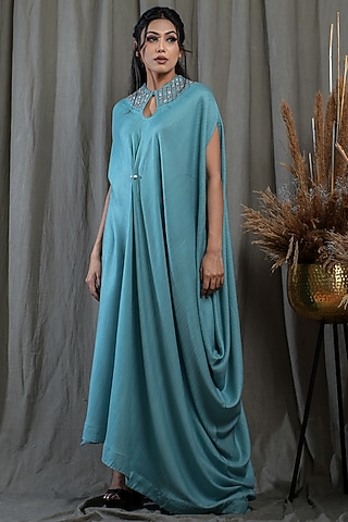 Blue Tencel Hand Embellished Draped Kaftan by Saniya Rao