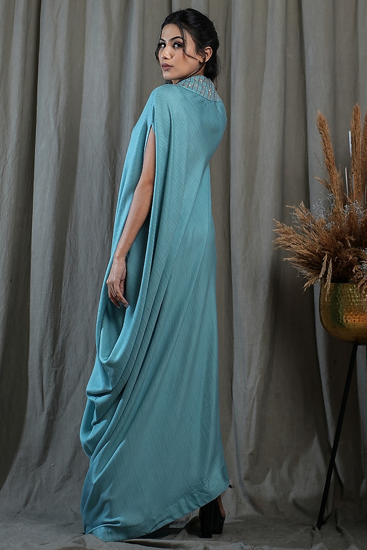 Blue Tencel Hand Embellished Draped Kaftan by Saniya Rao at Pernia's Pop Up Shop
