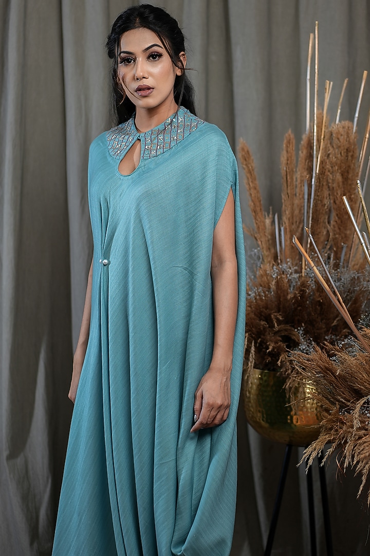 Blue Tencel Hand Embellished Draped Kaftan by Saniya Rao at Pernia's Pop Up Shop