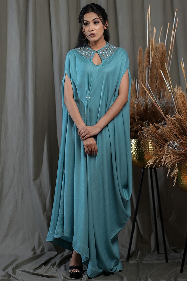 Blue Tencel Hand Embellished Draped Kaftan by Saniya Rao at Pernia's Pop Up Shop