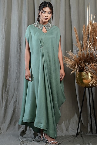 Green Tencel Hand Embellished Draped Kaftan by Saniya Rao