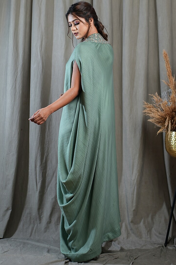 Green Tencel Hand Embellished Draped Kaftan by Saniya Rao at Pernia's Pop Up Shop