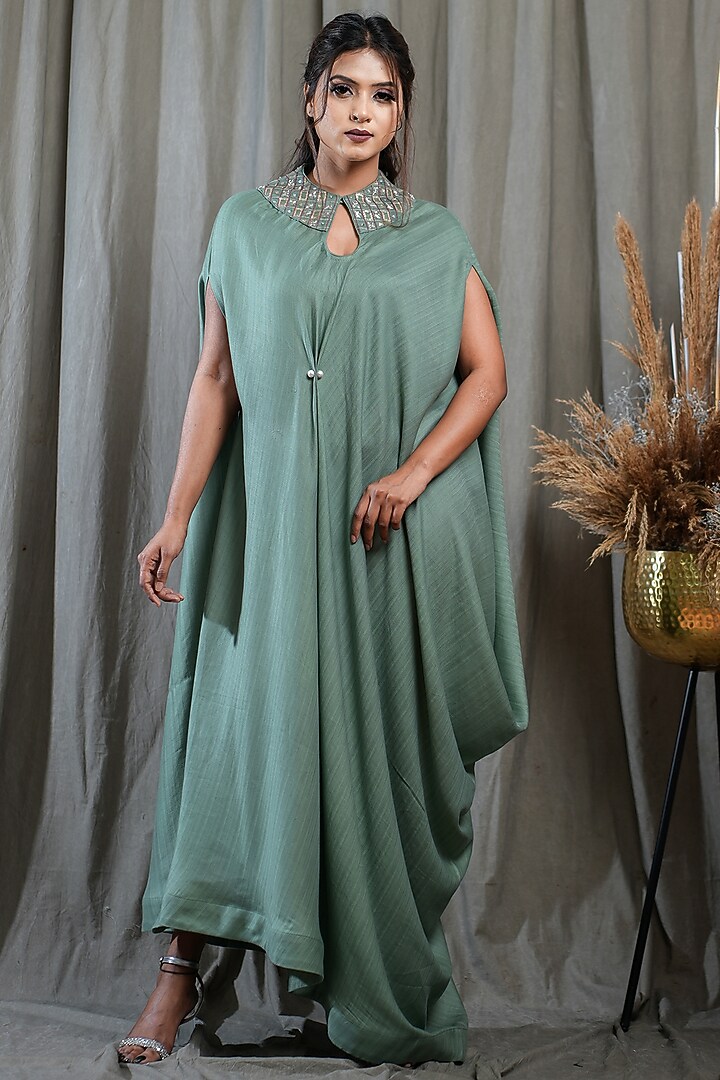 Green Tencel Hand Embellished Draped Kaftan by Saniya Rao at Pernia's Pop Up Shop
