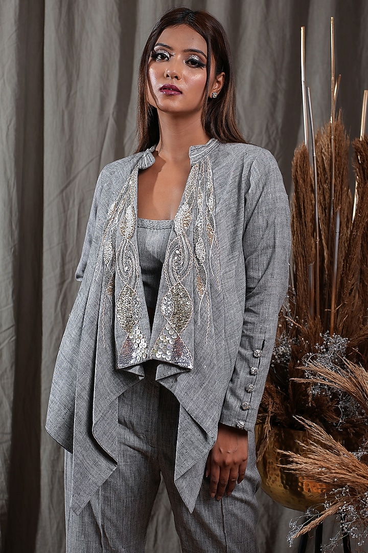 Charcoal Handwoven Cotton Khadi Hand Embroidered Co-Ord Set by Saniya Rao at Pernia's Pop Up Shop