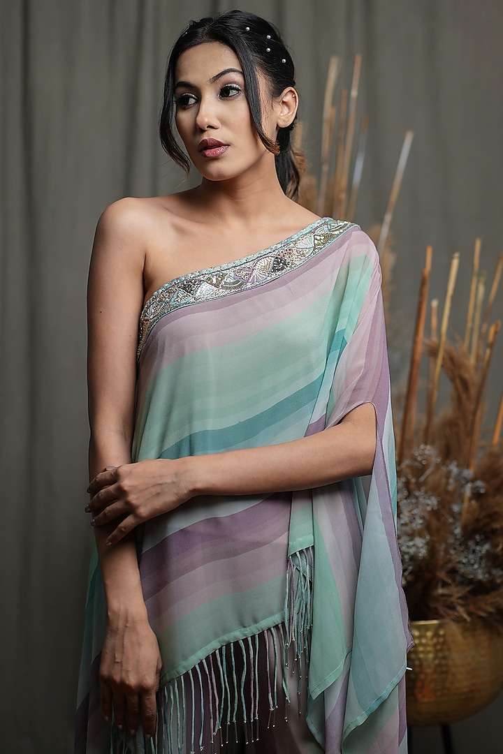 Multi-Colored Georgette Hand Embellished Asymmetrical Co-Ord Set by Saniya Rao at Pernia's Pop Up Shop