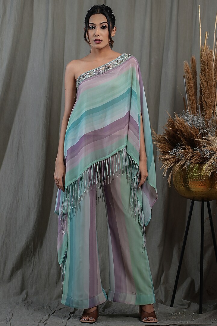 Multi-Colored Georgette Hand Embellished Asymmetrical Co-Ord Set by Saniya Rao at Pernia's Pop Up Shop