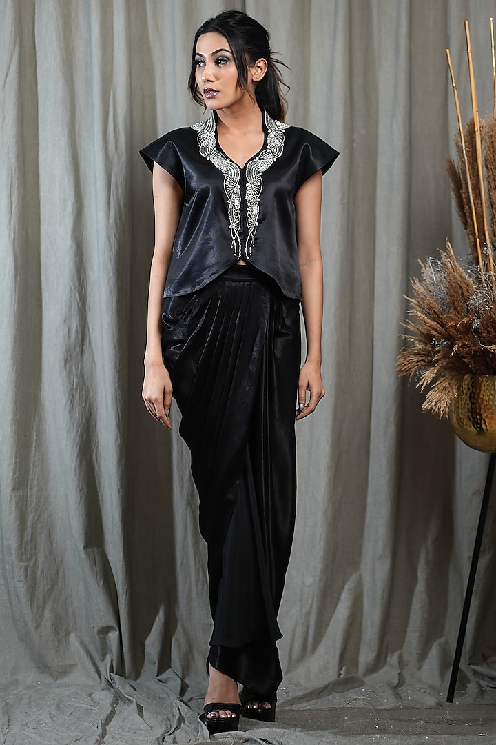 Black Modal Satin Draped Skirt Set by Saniya Rao