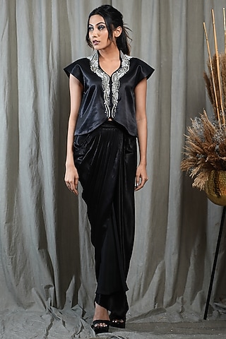 Black Modal Satin Draped Skirt Set by Saniya Rao