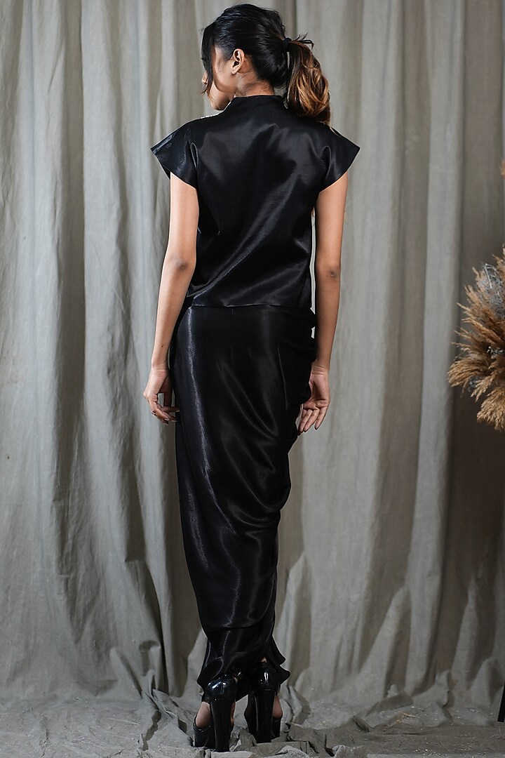 Black Modal Satin Draped Skirt Set by Saniya Rao at Pernia's Pop Up Shop