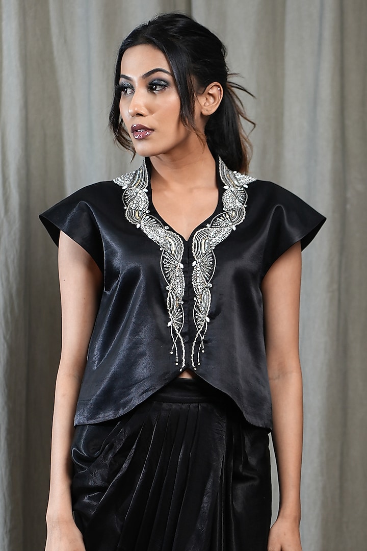 Black Modal Satin Draped Skirt Set by Saniya Rao at Pernia's Pop Up Shop