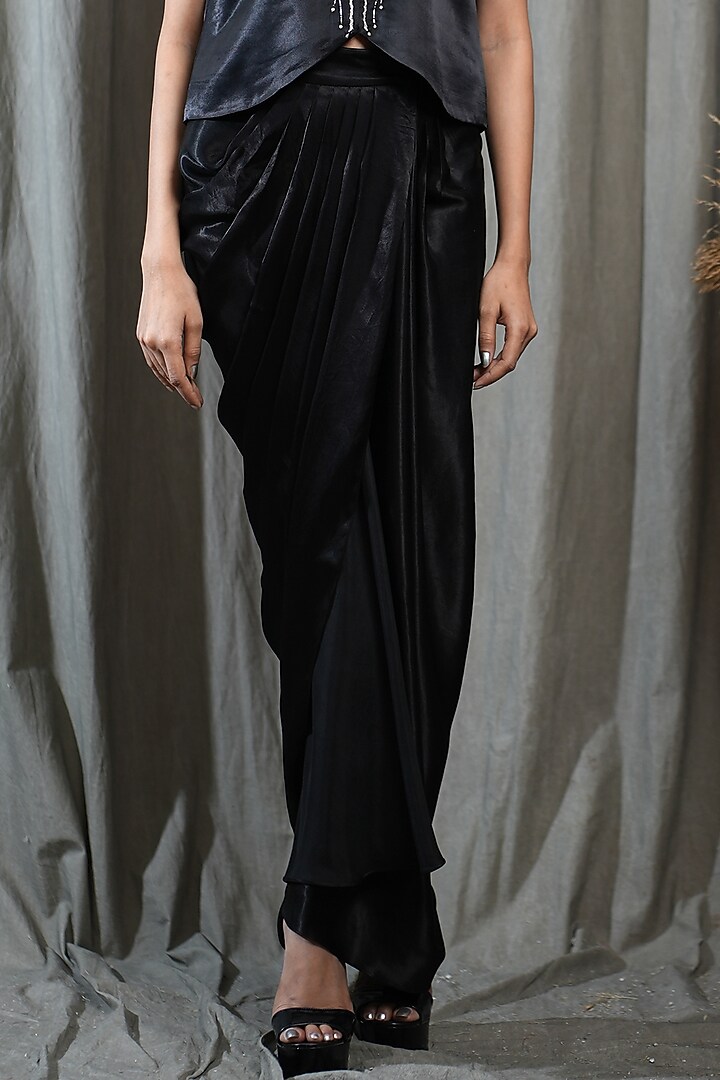 Black Modal Satin Draped Skirt Set by Saniya Rao at Pernia's Pop Up Shop