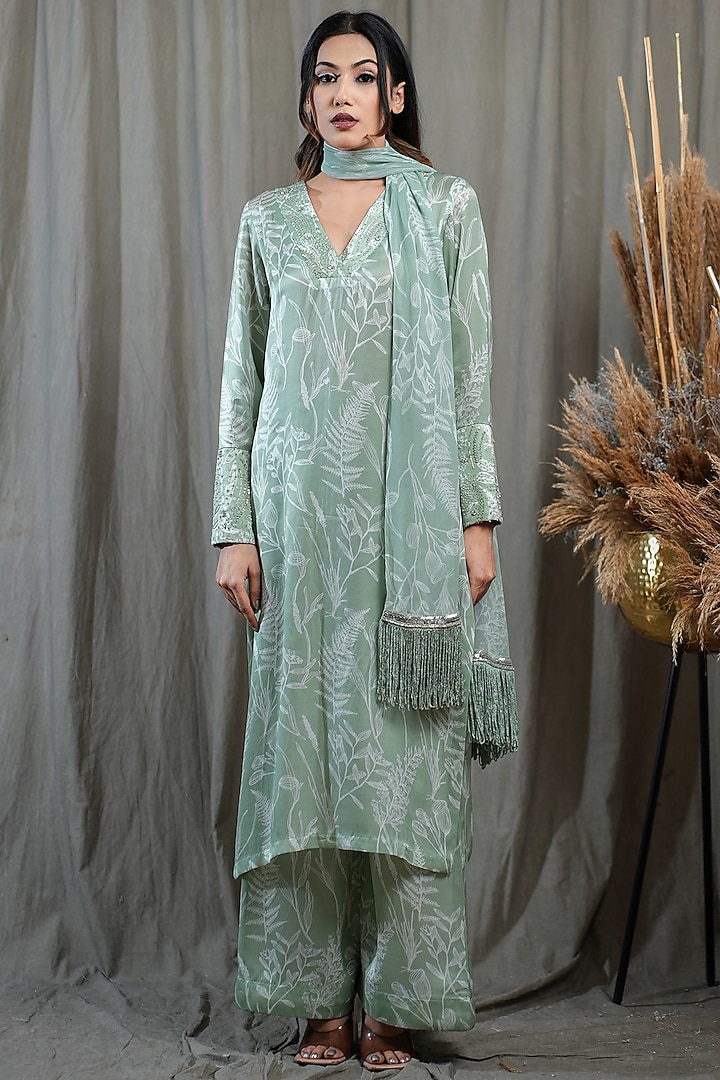 Green Modal Satin Printed & Embellished Kurta Set by Saniya Rao