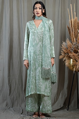 Green Modal Satin Printed & Embellished Kurta Set by Saniya Rao
