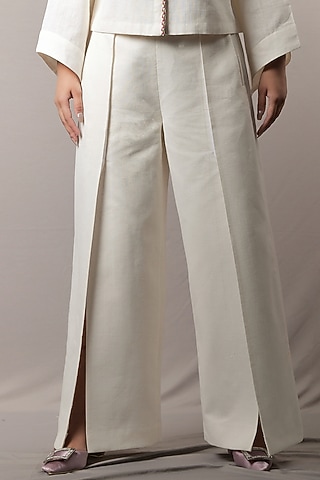 White Handwoven Cotton Khadi Pants by Saniya Rao