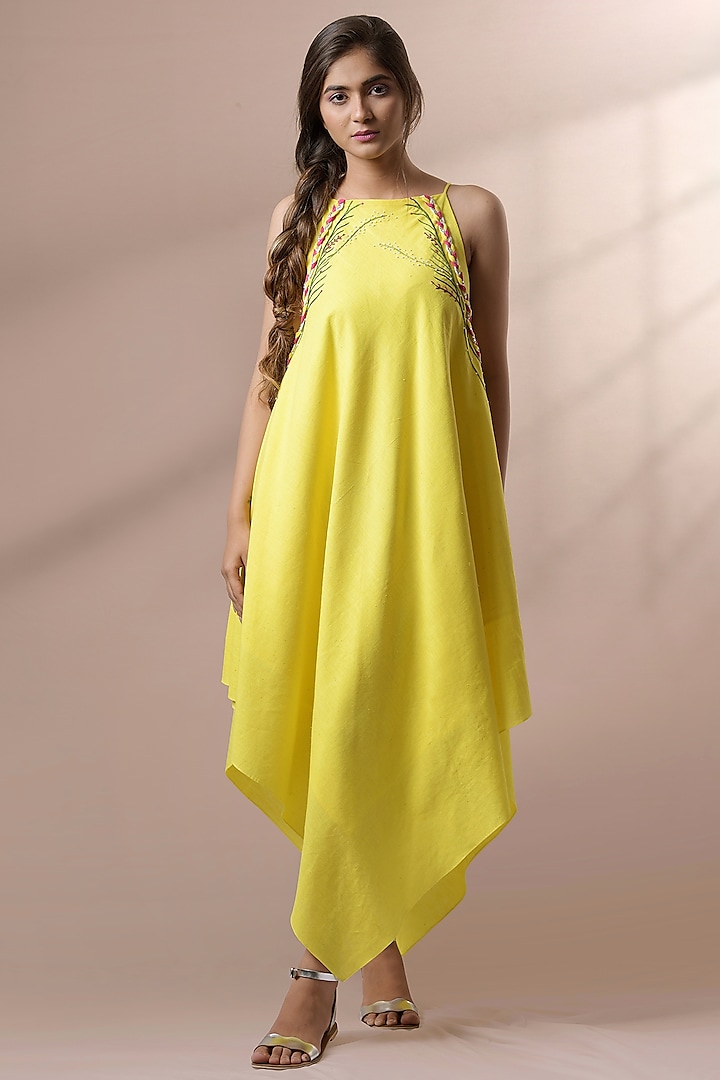 Yellow Hand Embroidered Dress by Saniya Rao