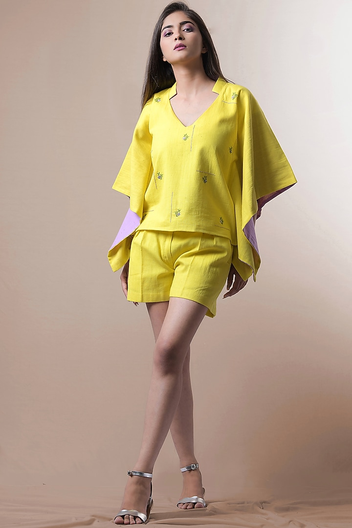 Yellow Handwoven Cotton Khadi Shorts by Saniya Rao