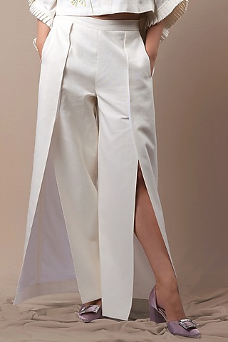 White Handwoven Cotton Khadi Pants by Saniya Rao