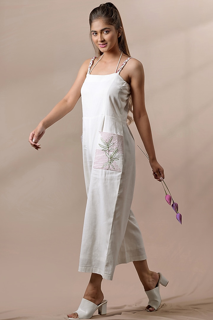 White Hand Embroidered Jumpsuit by Saniya Rao at Pernia's Pop Up Shop