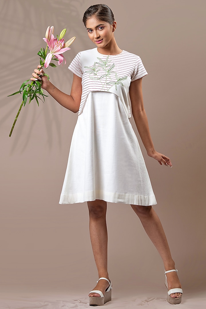 White A-line Hand Embroidered Dress by Saniya Rao