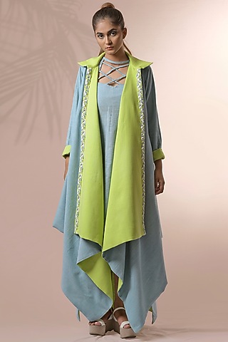 Green Handwoven Cotton Khadi Jacket by Saniya Rao