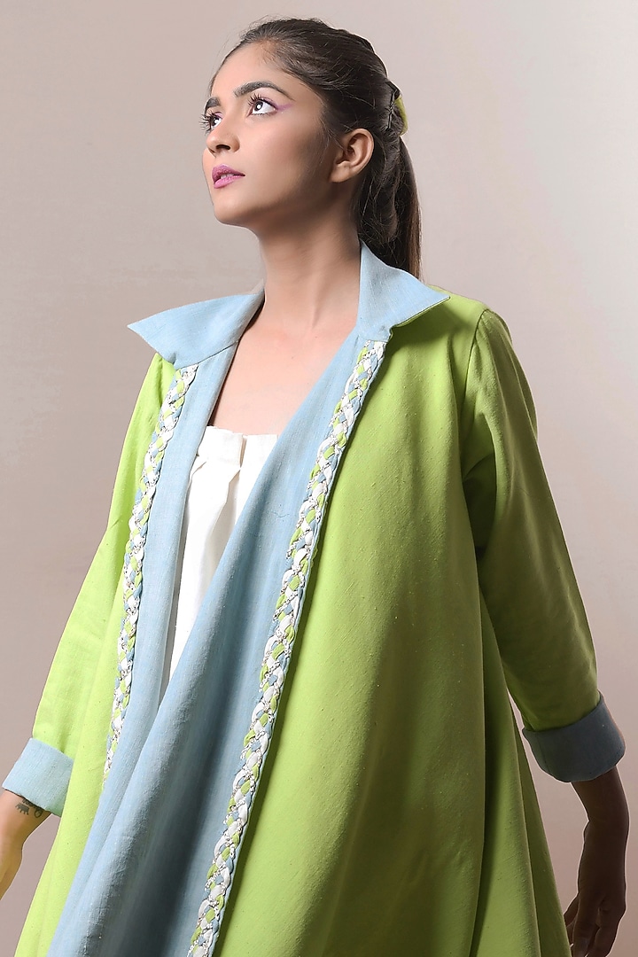 Green Handwoven Cotton Khadi Jacket by Saniya Rao at Pernia's Pop Up Shop