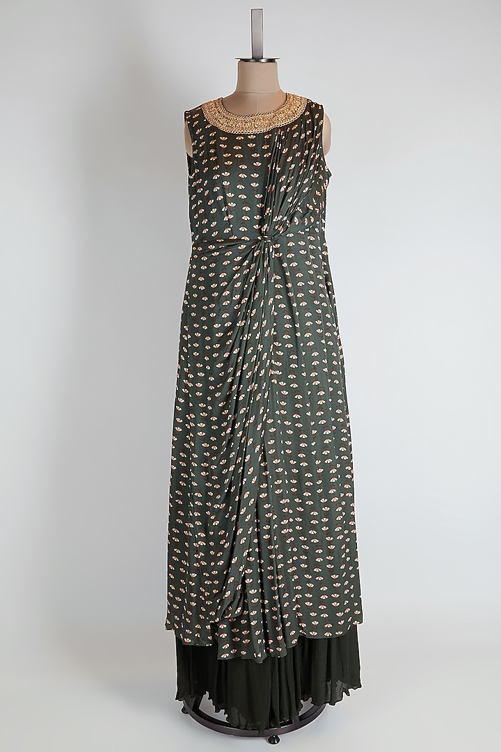 Mehendi Green Printed Gown With Drape by Suave by Neha & Shreya at Pernia's Pop Up Shop