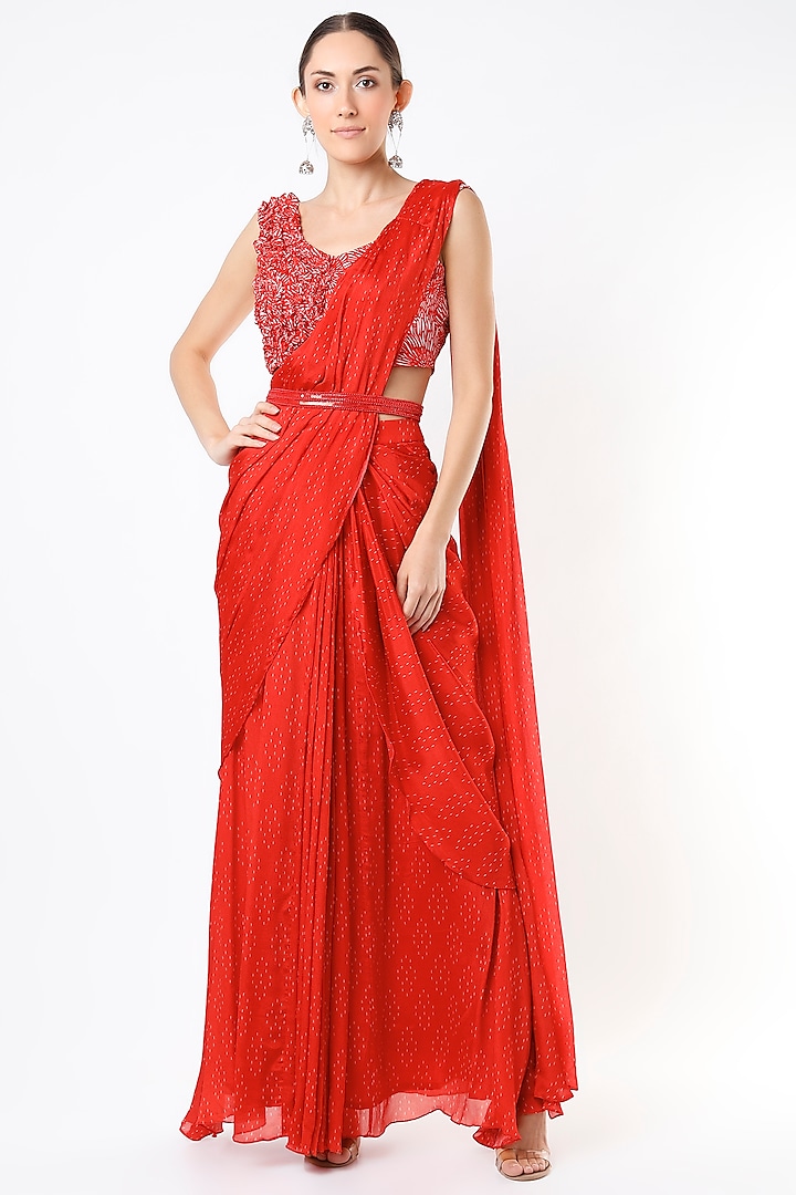 Bright Red Silk & Chinon Pre-Stitched Saree Set by Suave by Neha & Shreya