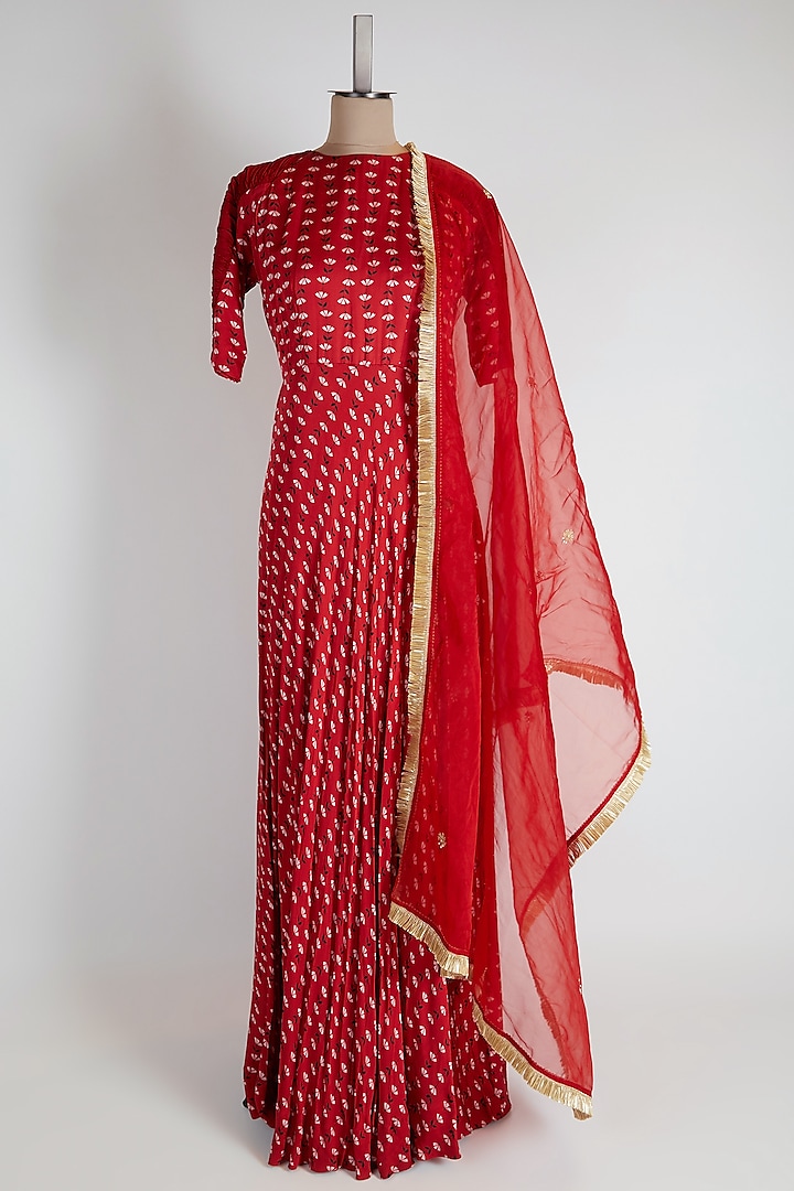 Red Printed Anarkali Set by Suave by Neha & Shreya