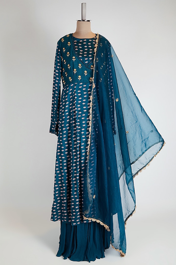 Blue Printed & Embroidered Anarkali Set by Suave by Neha & Shreya