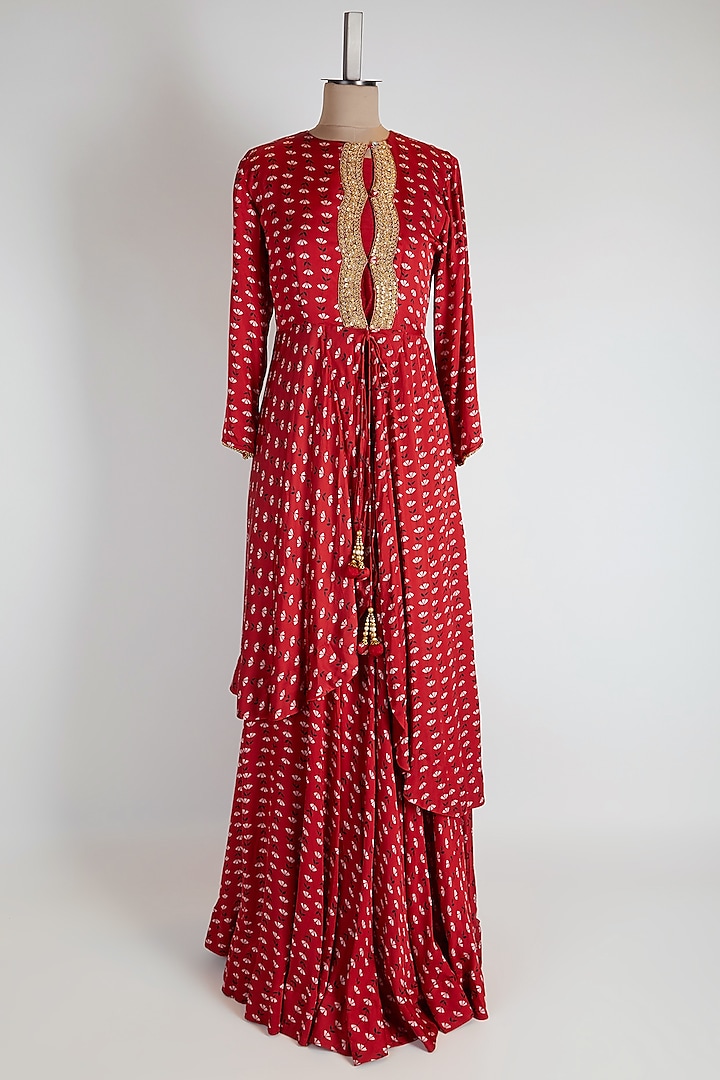 Red Asymmetric Kurta Set by Suave by Neha & Shreya at Pernia's Pop Up Shop