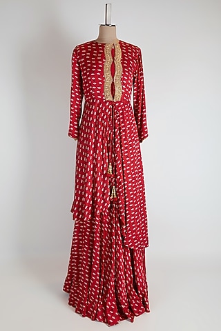 Red Asymmetric Kurta Set by Suave by Neha & Shreya