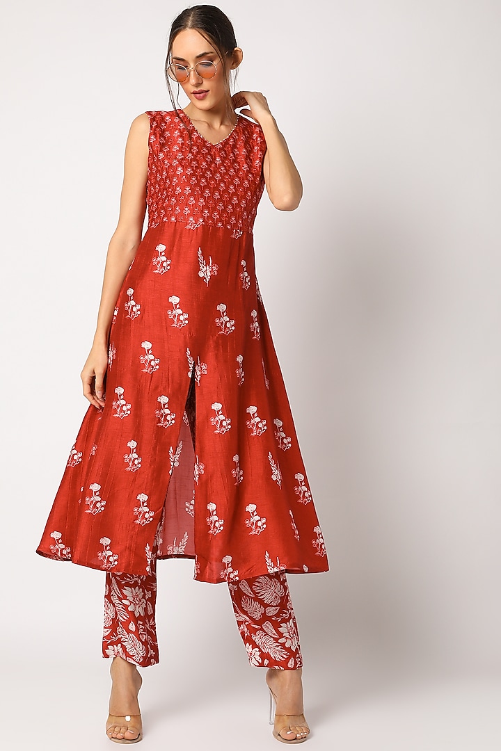 Red Hand Embroidered & Printed Kurta Set by Suave by Neha & Shreya