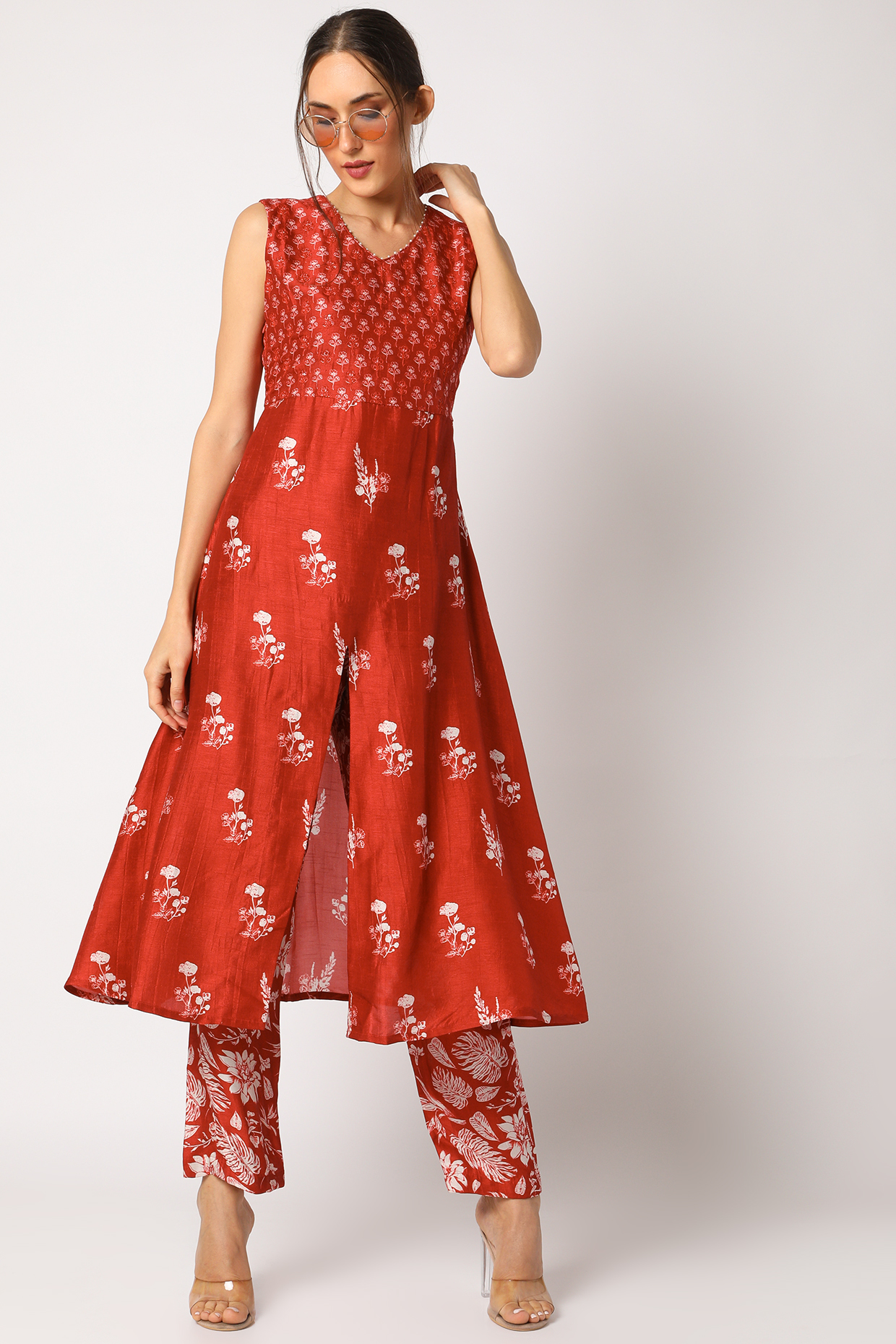 Red Hand Embroidered & Printed Kurta Set by Suave by Neha & Shreya