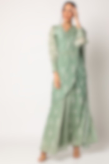 Green Printed Saree With Blouse by Suave by Neha & Shreya